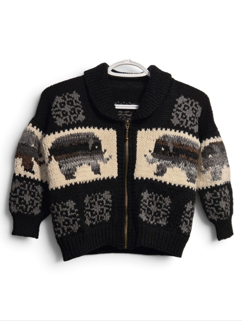 Children's Hand Knit Zip Up Sweater, Eleogant Pattern, Black and Cream, Size 5T